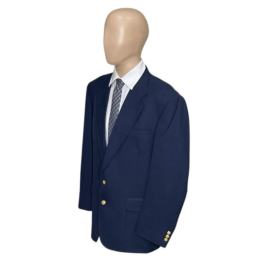 Stafford Men's 43R Navy Blue Wool Blend 2 Button Blazer Suit Jacket Gold Buttons